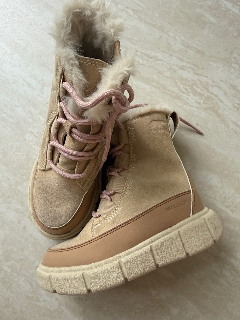 Sorel Kids Beige and Pink Faux-Fur Winter Boots